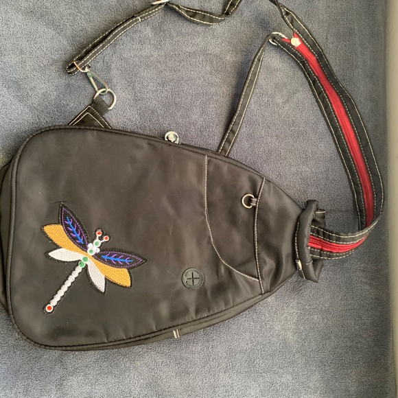 Black Dragonfly Embroidered Convertible Backpack / Sling Bag - Picture 11 of 13